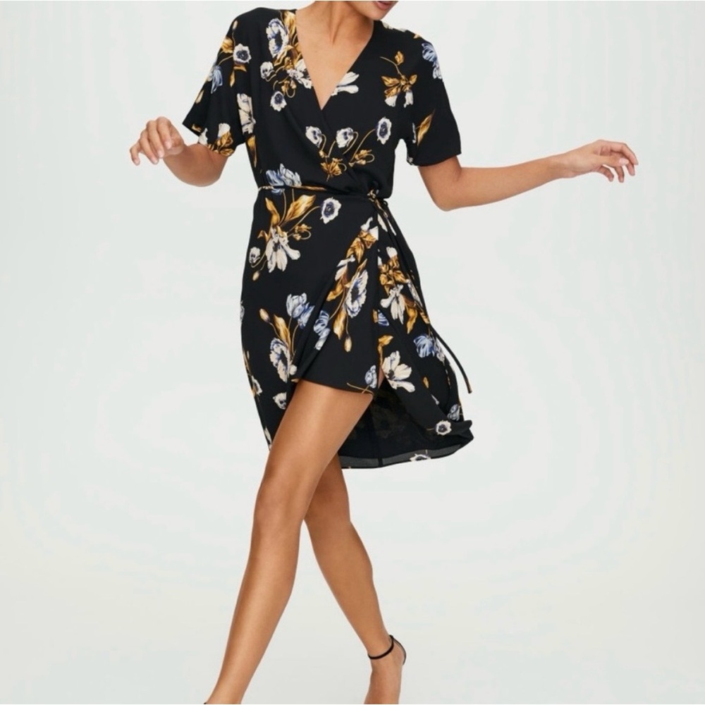 Aritzia Black Floral Wrap Dress with Gold and White Accents